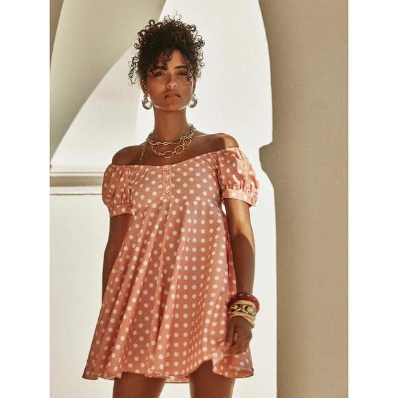 Caroline Constas Dina Mini Dress Polka Dot Short Sleeve Button Front Sand Large - Picture 2 of 11